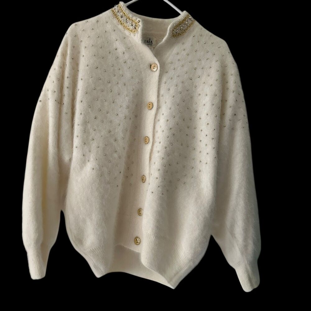 Eugenia Vintage Soft Angora Lined Button Up Cardigan Beads Holiday Size S